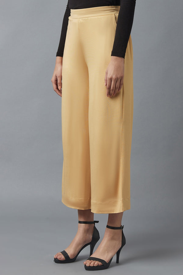 Gold Solid Straight Fit Cotton Palazzo With Side Pockets