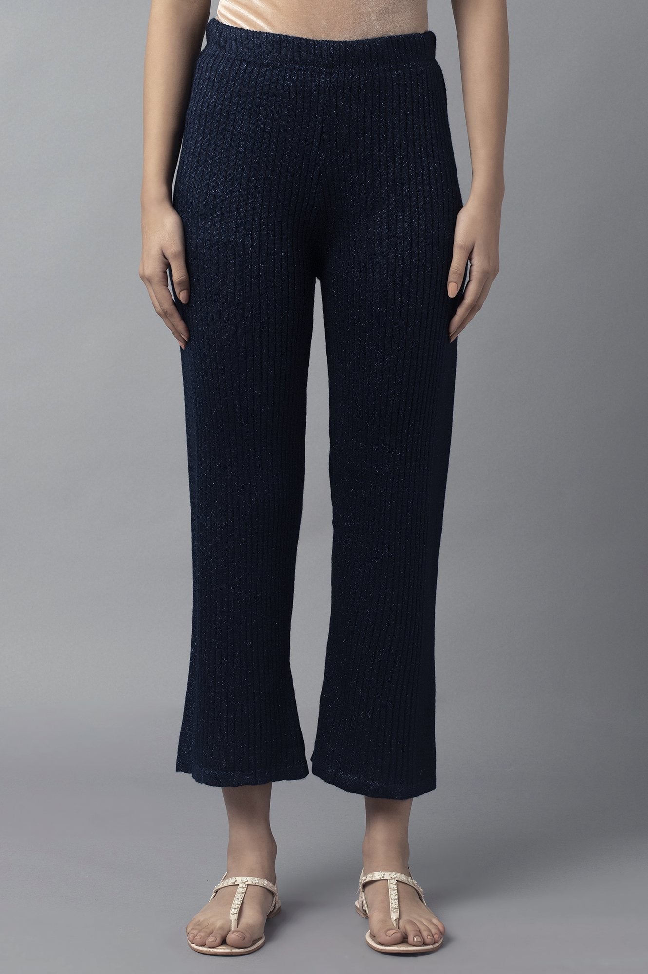 Navy Blue Solid Boot Cut Acrylic Palazzo With Elasticated Waist