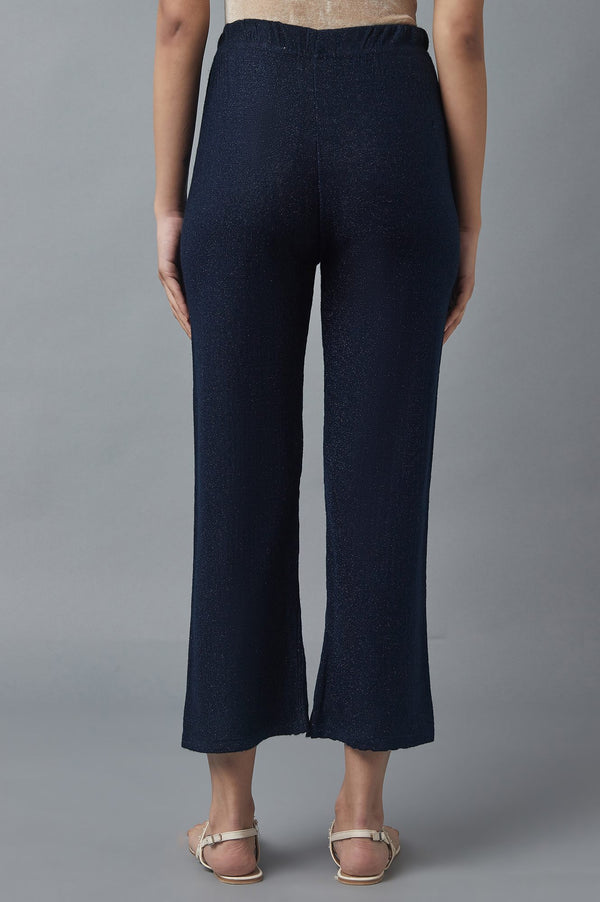 Navy Blue Solid Boot Cut Acrylic Palazzo With Elasticated Waist