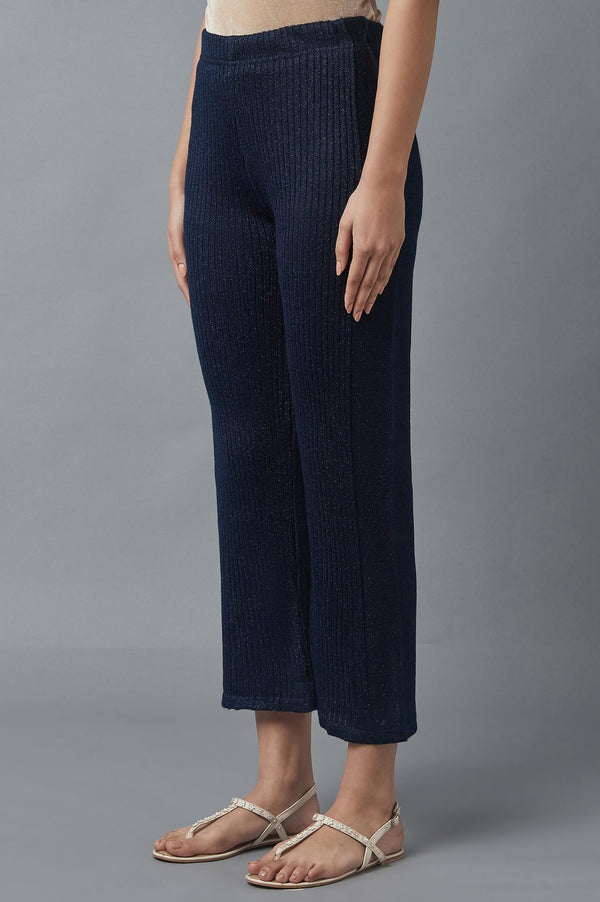 Navy Blue Solid Boot Cut Acrylic Palazzo With Elasticated Waist