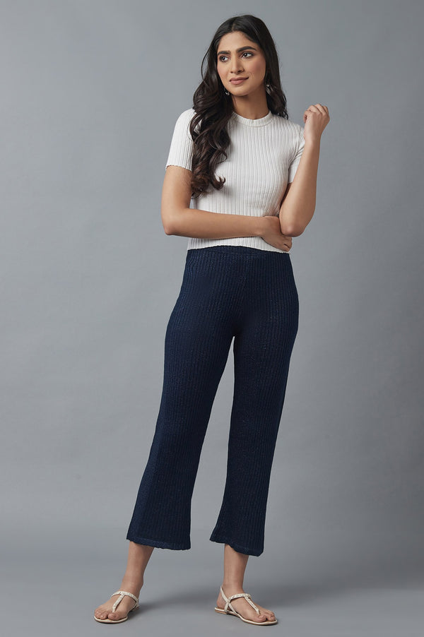Navy Blue Solid Boot Cut Acrylic Palazzo With Elasticated Waist