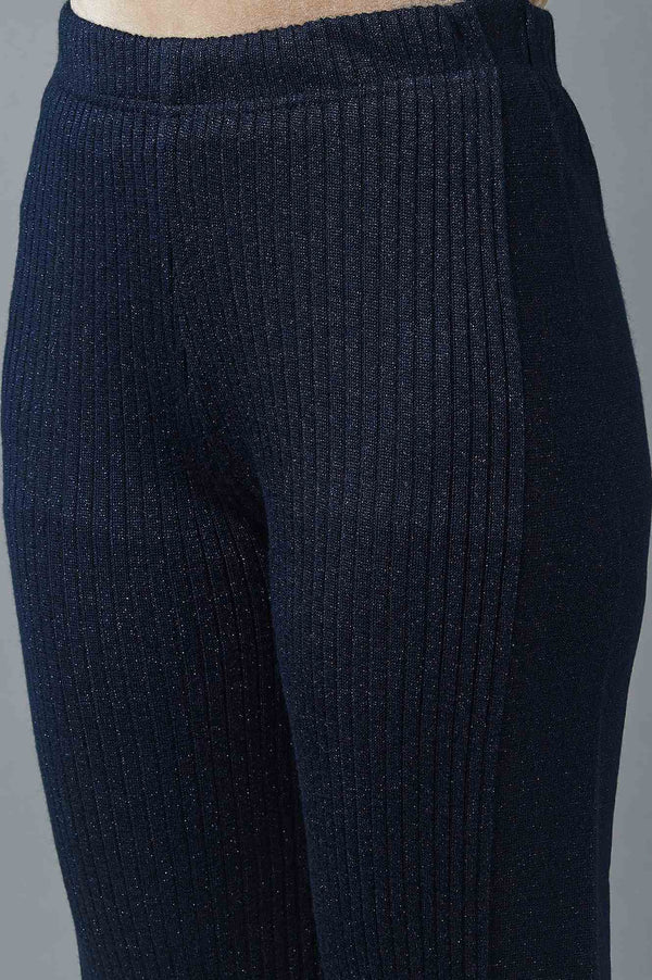 Navy Blue Solid Boot Cut Acrylic Palazzo With Elasticated Waist