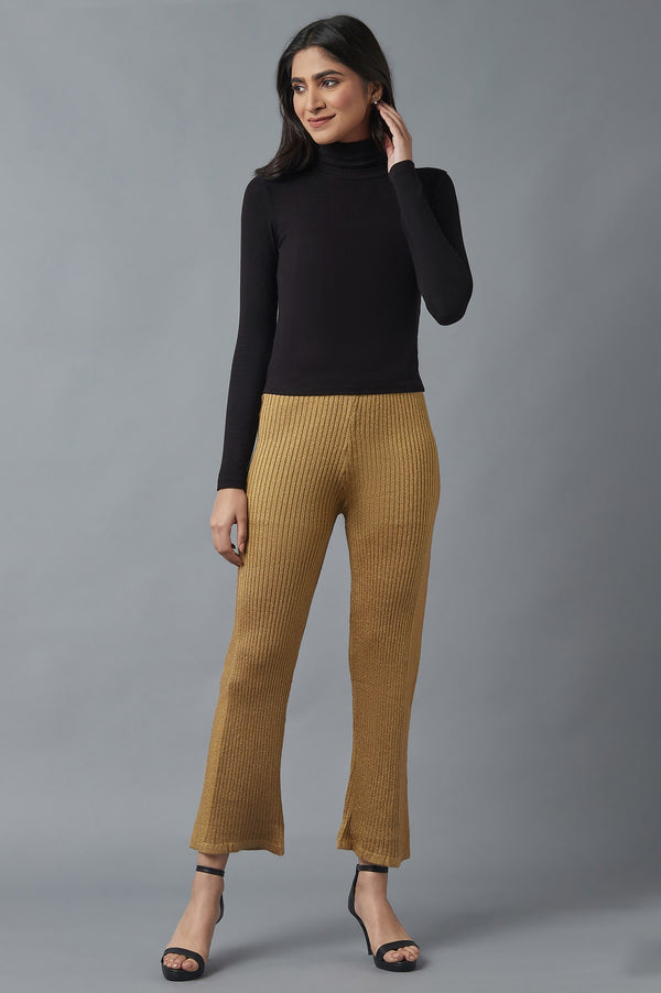 Gold Solid Boot Cut Acrylic Palazzo With Elasticated Waist