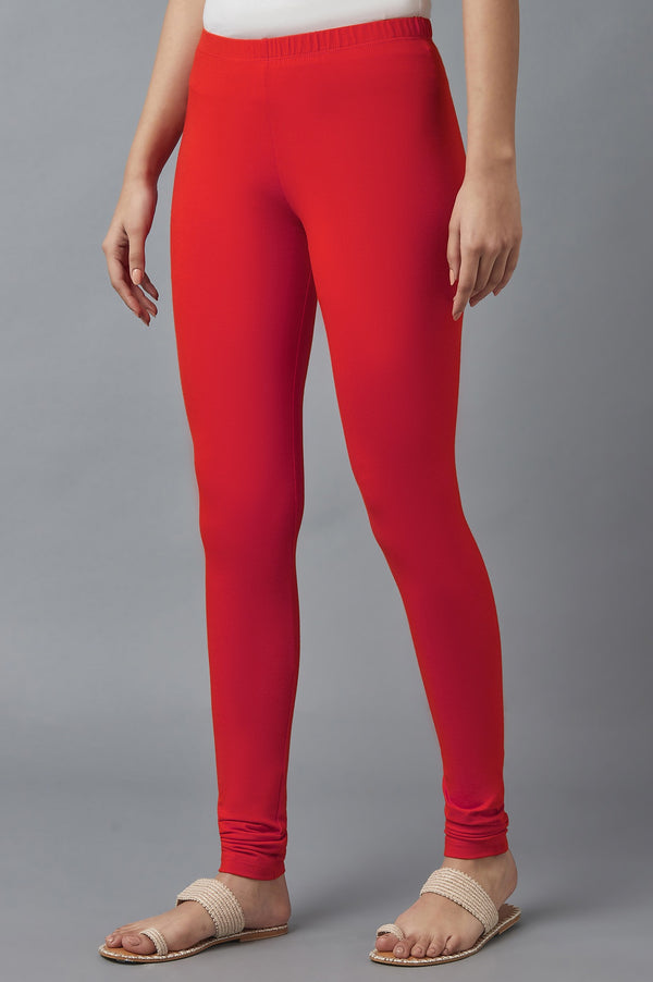Red Solid Skinny Fit Cotton Tights With Elasticated Waist