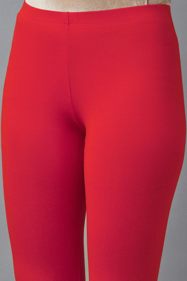 Red Solid Skinny Fit Cotton Tights With Elasticated Waist