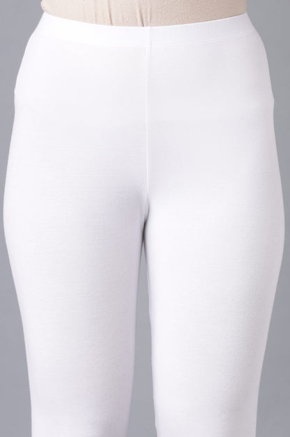 White Solid Cotton Lycra Skinny Fit Ankle Length High Rise Leggings