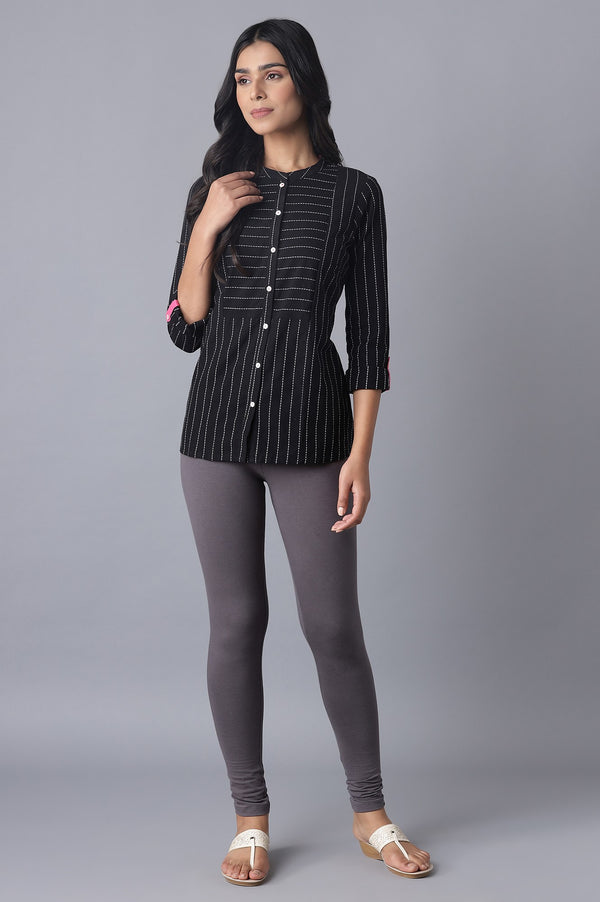 Grey Solid Skinny Fit Cotton Tights With Elasticated Waistband