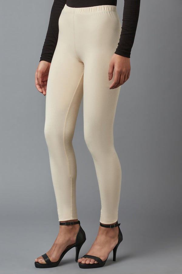 Beige Solid Skinny Fit Cotton Tights With Elasticated Waistband
