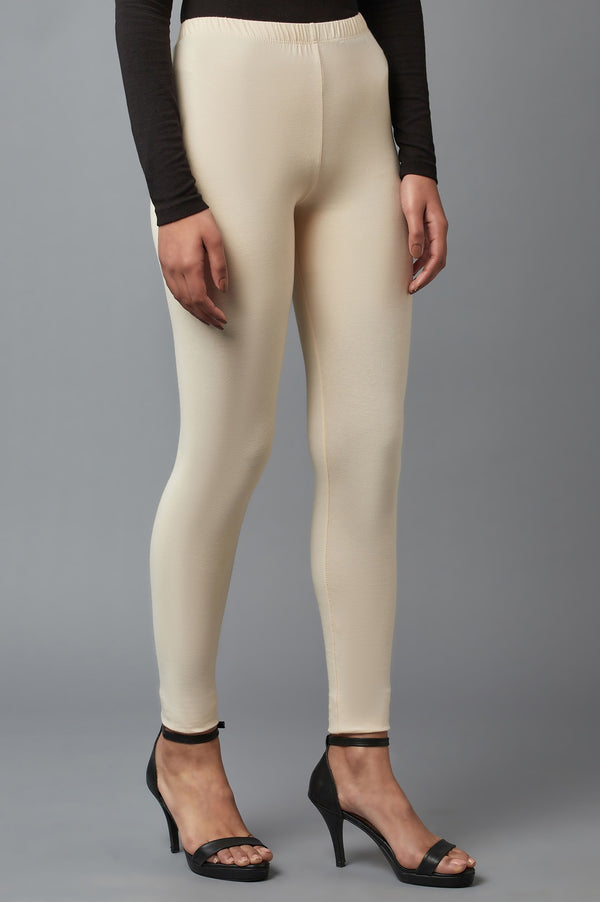 Beige Solid Skinny Fit Cotton Tights With Elasticated Waistband