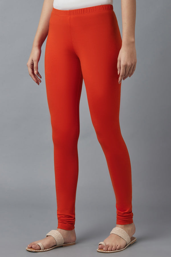 Red Solid Skinny Fit Cotton Tights With Elasticated Waist
