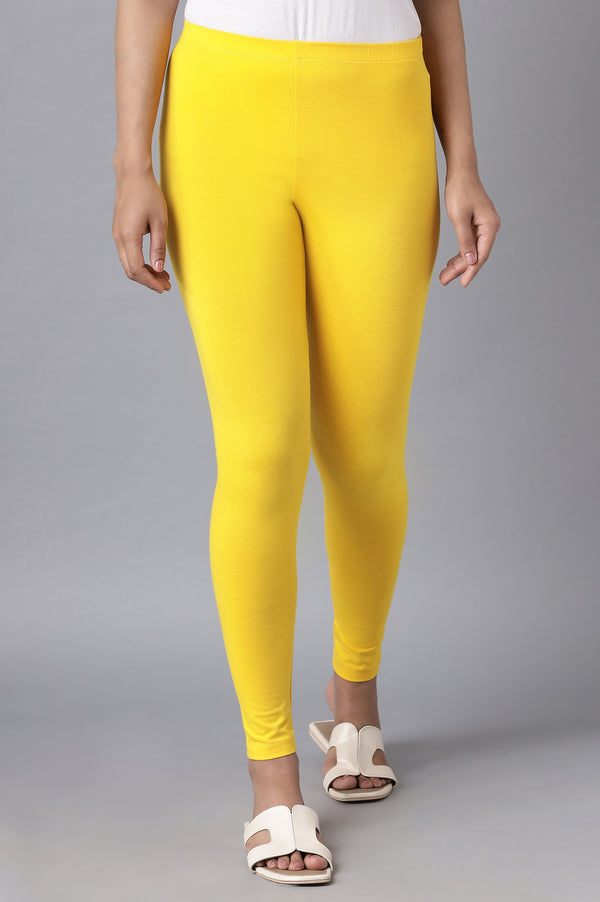 Yellow Solid Skinny Fit Cotton Tights With Elasticated Waistband