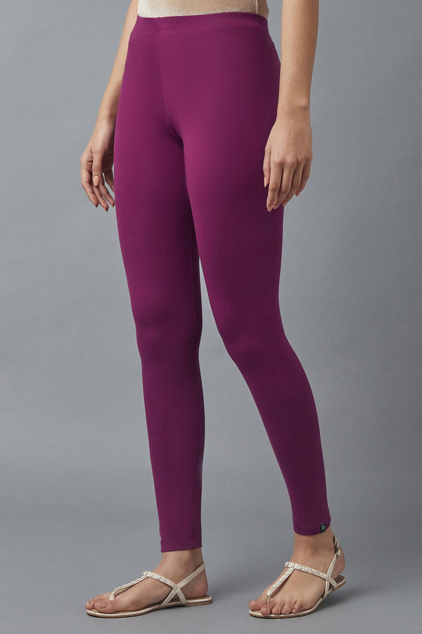 Purple Solid Skinny Fit Cotton Tights With Elasticated Waist