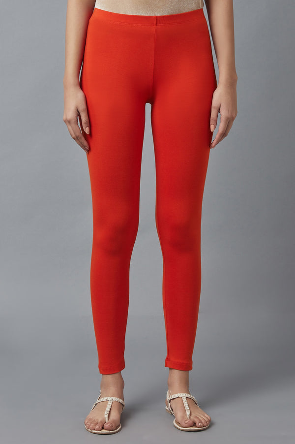 Orange Solid Skinny Fit Cotton Tights With Elasticated Waist