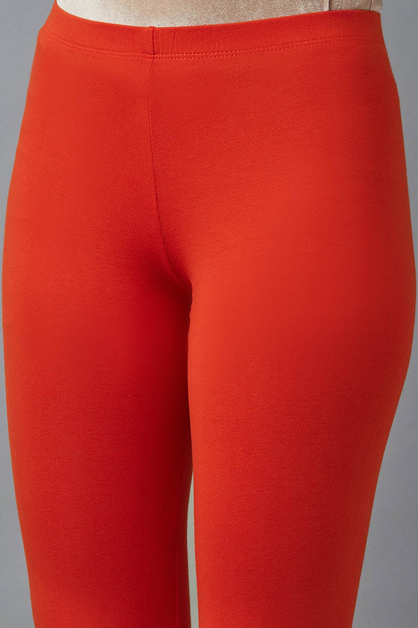 Orange Solid Skinny Fit Cotton Tights With Elasticated Waist