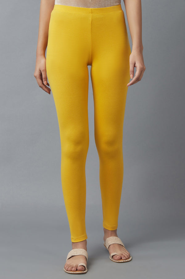 Yellow Solid Skinny Fit Cotton Tights With Elasticated Waist