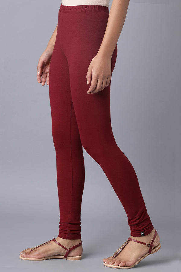 Maroon Solid Skinny Fit Cotton Tights With Elasticated Waistband
