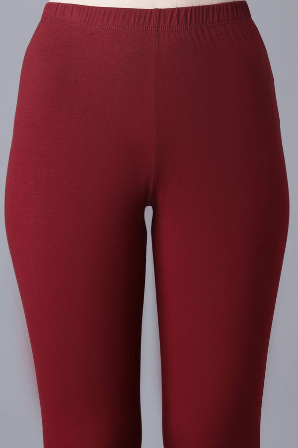 Maroon Solid Skinny Fit Cotton Tights With Elasticated Waistband