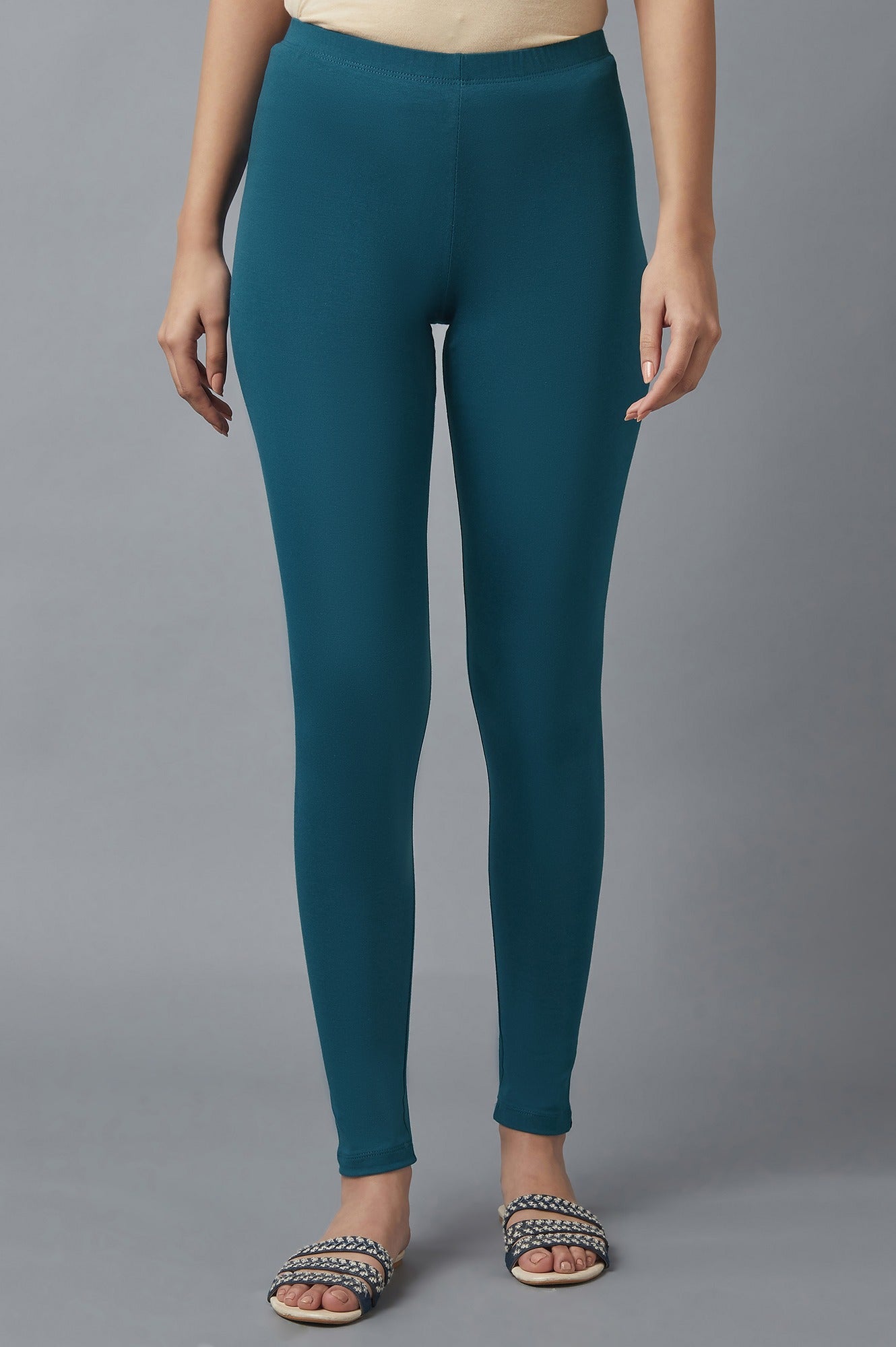 Navy Blue Solid Skinny Fit Cotton Tights With Elasticated Waist