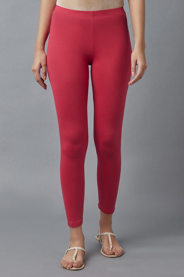 Red Solid Skinny Fit Cotton Tights With Elasticated Waist