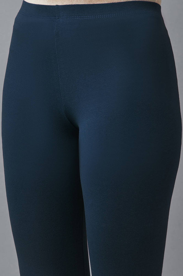 Navy Blue Solid Skinny Fit Cotton Tights With Elasticated Waistband