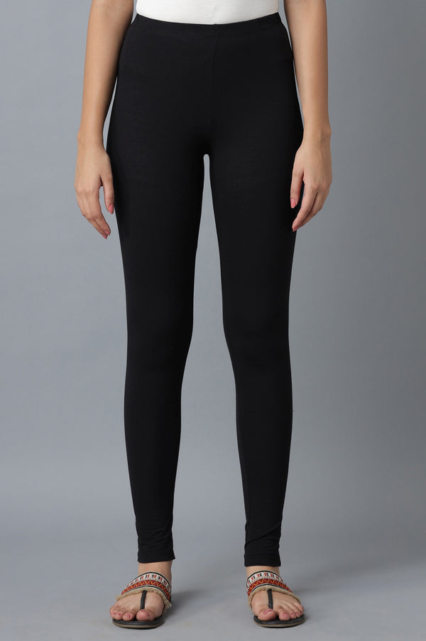 Black Solid Skinny Fit Cotton Tights With Elasticated Waistband