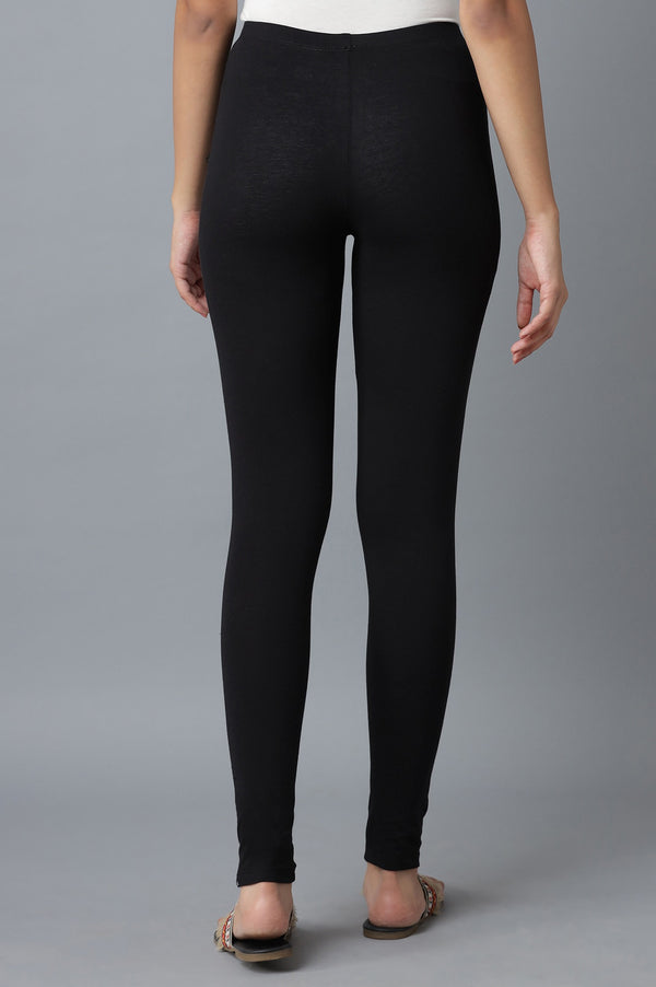 Black Solid Cotton Lycra Skinny Fit Ankle Length High Rise Leggings