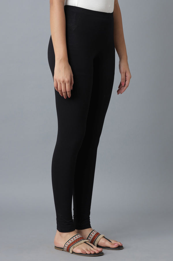 Black Solid Skinny Fit Cotton Tights With Elasticated Waistband