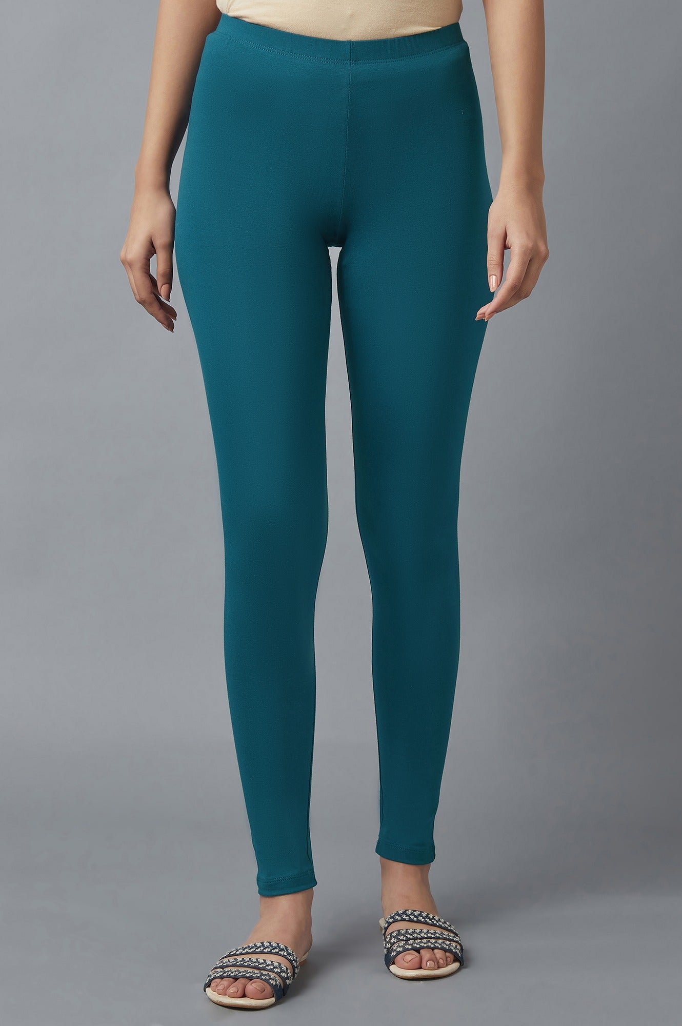 Teal Solid Skinny Fit Cotton Tights With Elasticated Waist