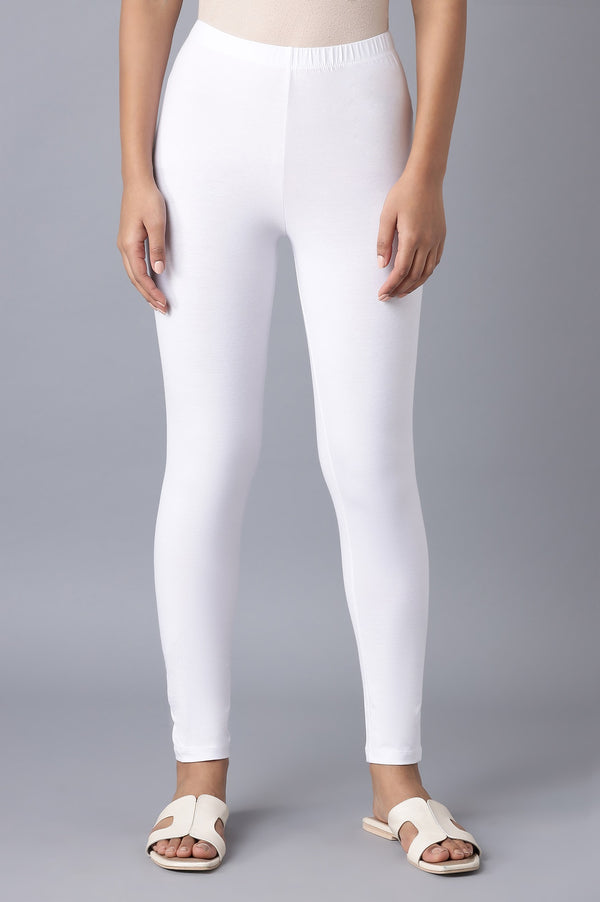 White Solid Skinny Cotton Tights With Elasticated Waist