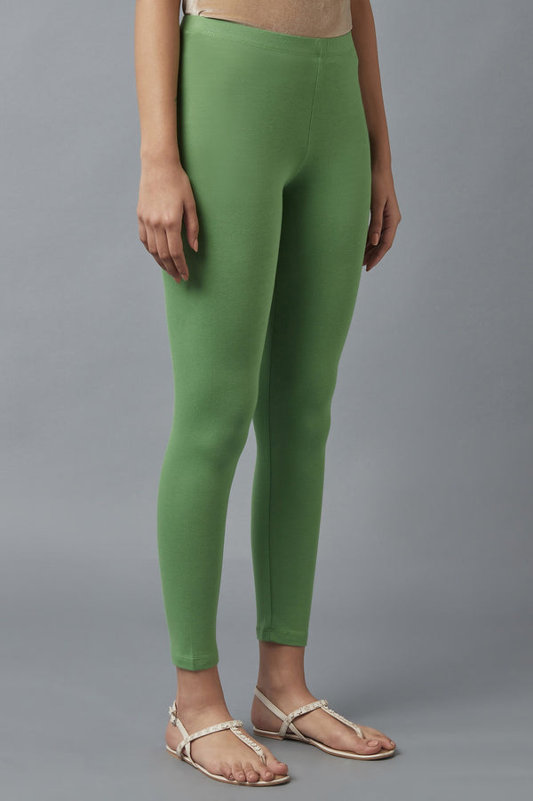 Green Solid Skinny Cotton Tights With Elasticated Waist