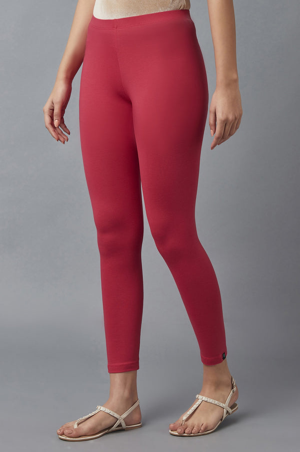 Red Solid Skinny Cotton Tights With Elasticated Waist