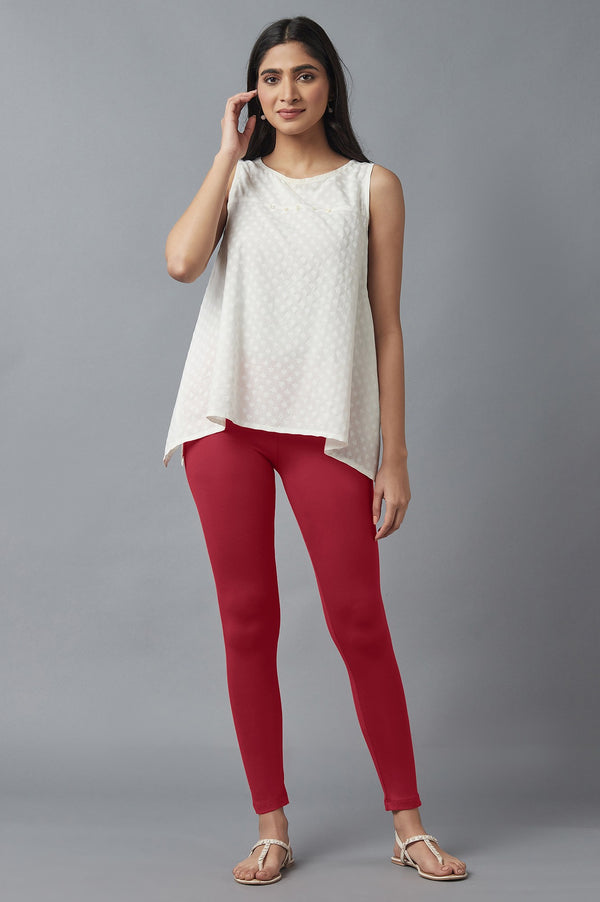 Red Solid Skinny Cotton Tights With Elasticated Waist