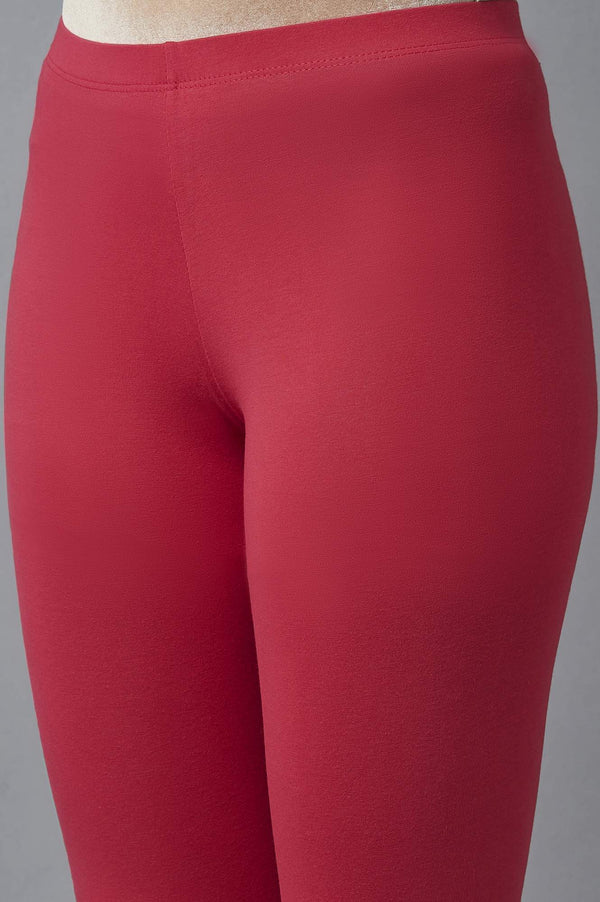 Red Solid Skinny Cotton Tights With Elasticated Waist