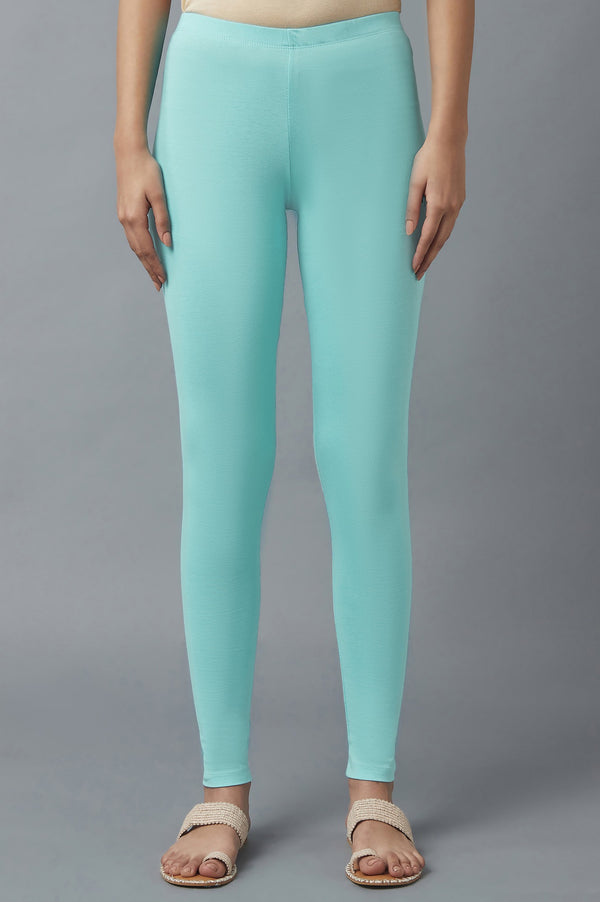 Light Blue Solid Skinny Cotton Tights With Elasticated Waist