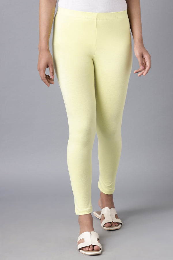 Yellow Solid Skinny Cotton Cropped Tights With Elasticated Waist
