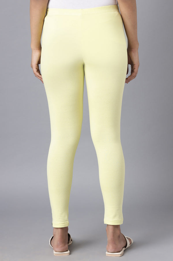 Yellow Solid Skinny Cotton Cropped Tights With Elasticated Waist