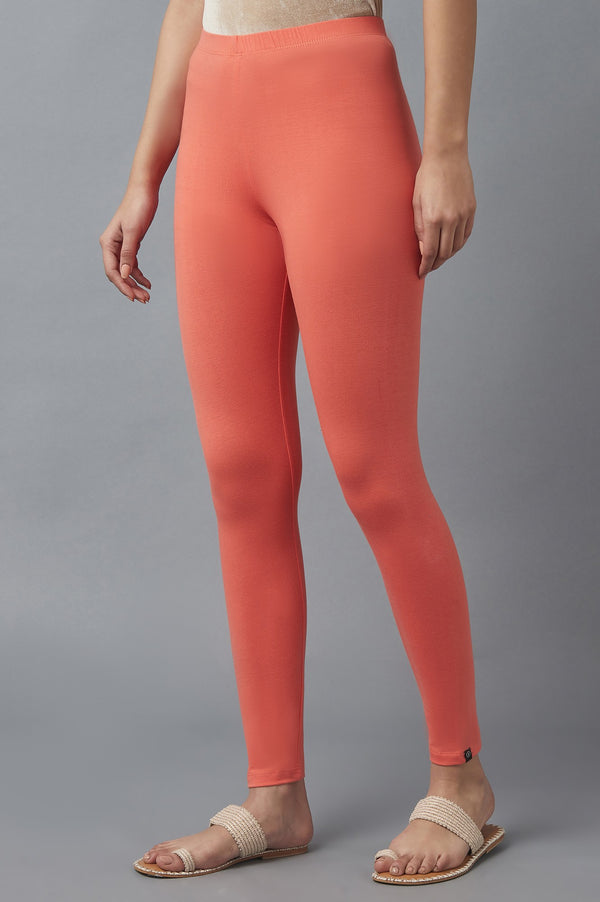 Peach Solid Skinny Cotton High Waisted Tights