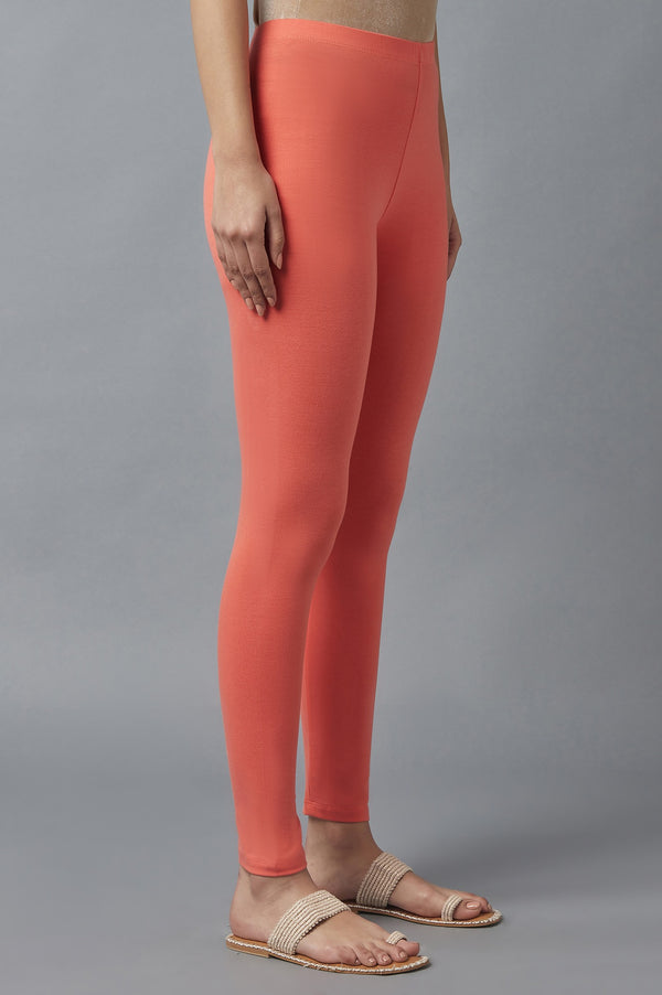 Peach Solid Skinny Cotton High Waisted Tights