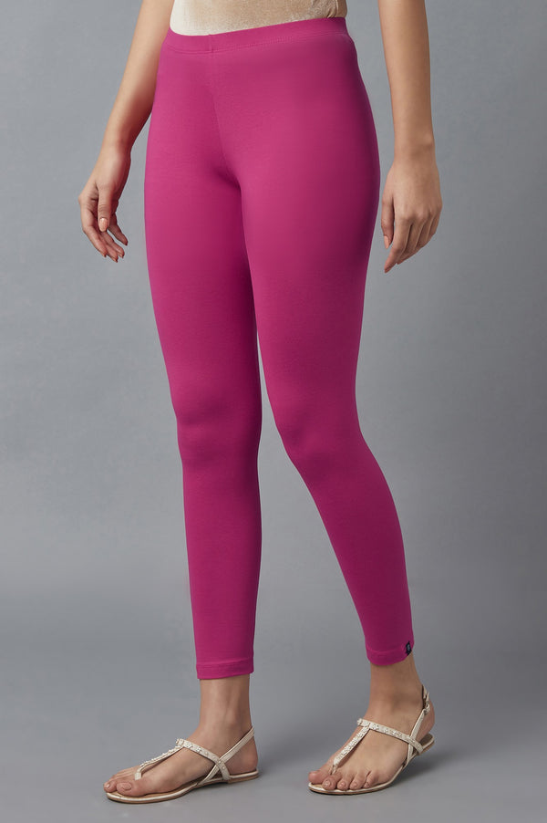 Pink Solid Skinny Cotton Tights With Elasticated Waist
