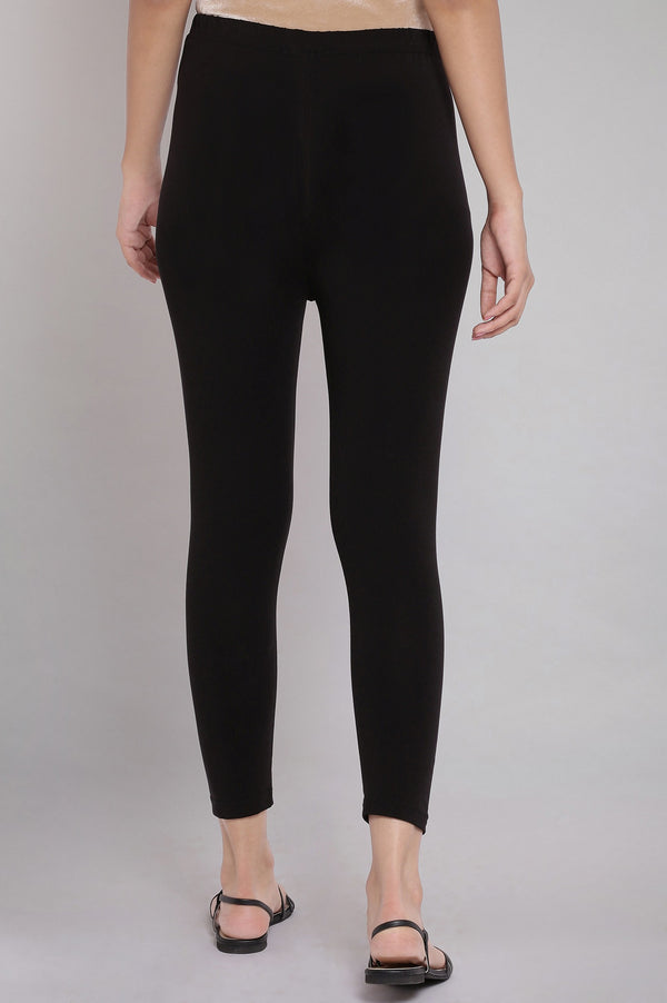 Black Solid Skinny Fit Cotton Tights With Elasticated Waistband