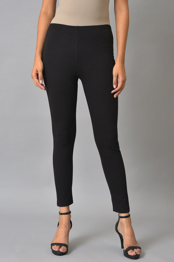 Black Solid Skinny Fit Cotton Tights With Elasticated Waistband