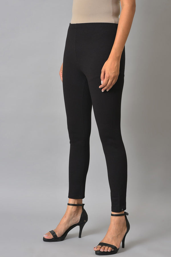 Black Solid Skinny Fit Cotton Tights With Elasticated Waistband