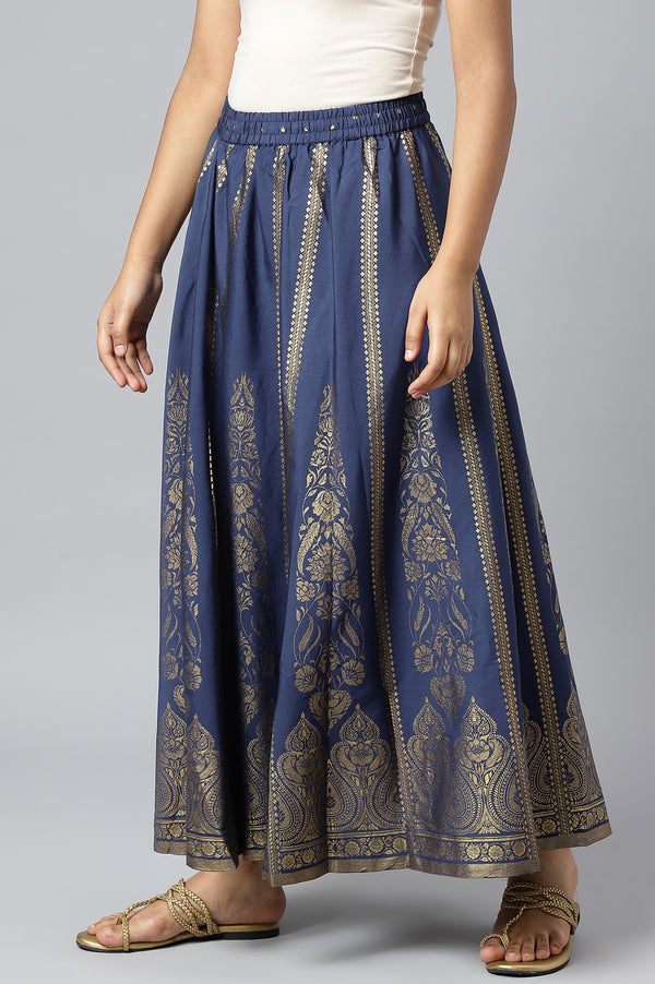 Navy Blue Floral Printed Flared Woven Skirt With Elasticated Waist