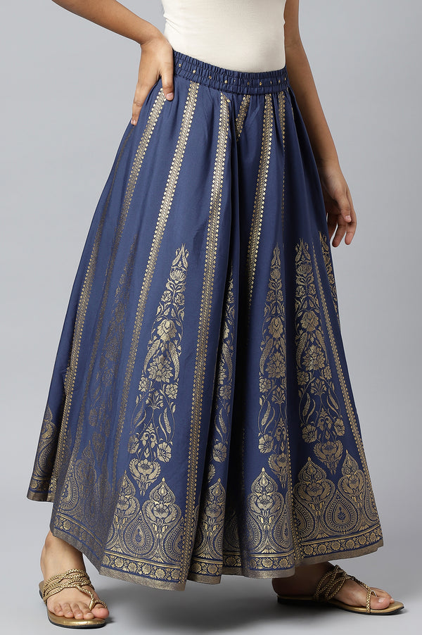 Navy Blue Floral Printed Flared Woven Skirt With Elasticated Waist