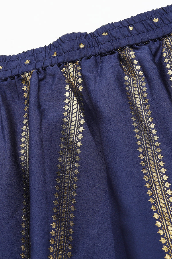 Navy Blue Floral Printed Flared Woven Skirt With Elasticated Waist