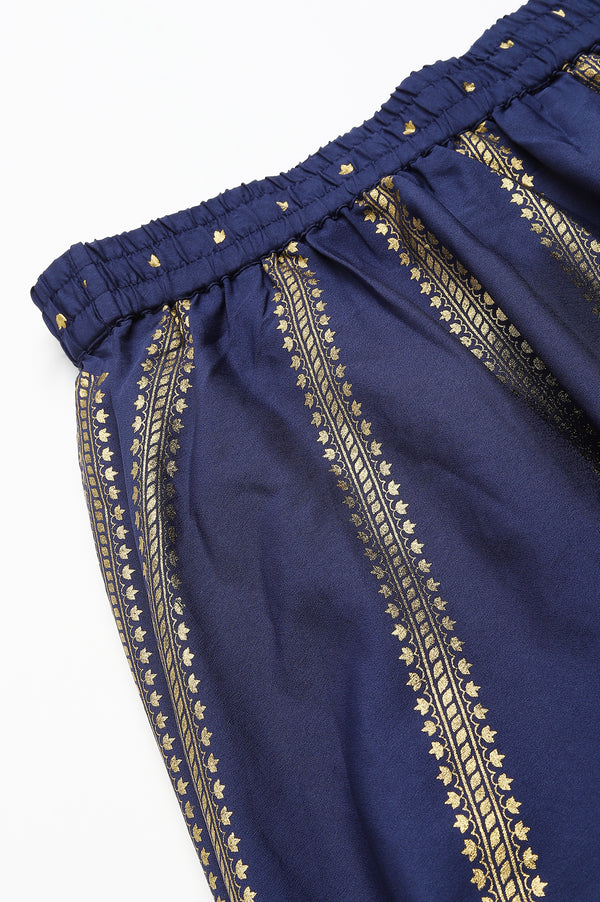 Navy Blue Floral Printed Flared Woven Skirt With Elasticated Waist