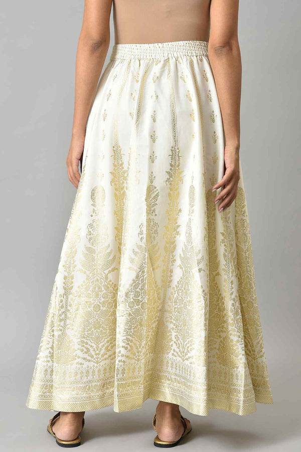 White Floral Printed Flared Woven Skirt With Elasticated Waist