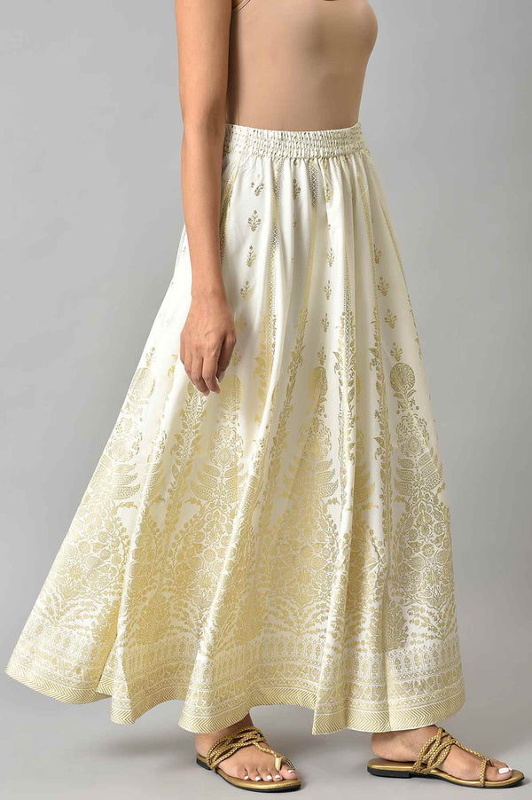 White Floral Printed Flared Woven Skirt With Elasticated Waist