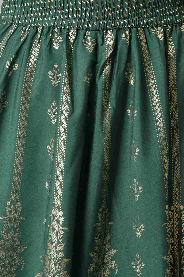Green Floral Printed Flared Woven Skirt With Elasticated Waist