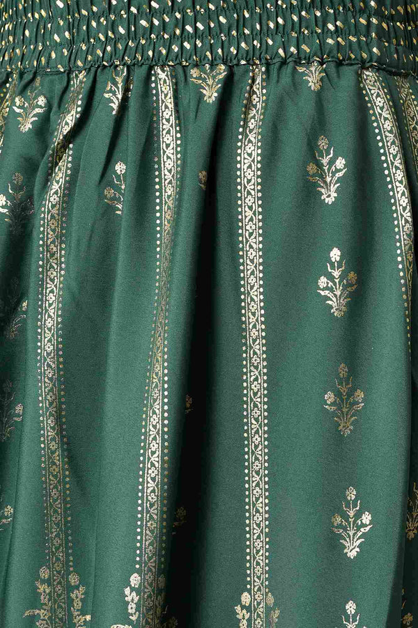 Green Floral Printed Flared Woven Skirt With Elasticated Waist